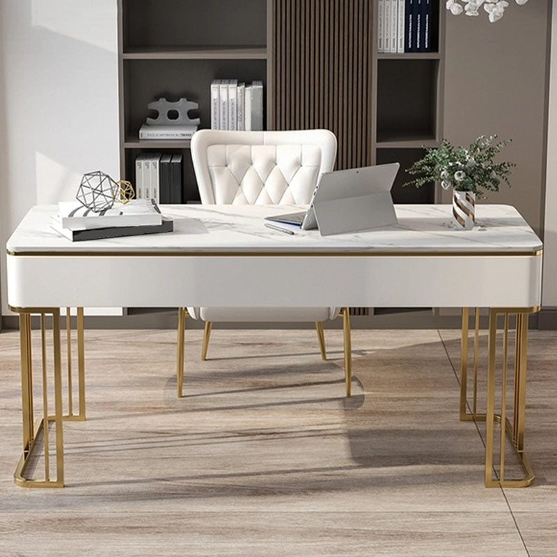 White and Gold Office Desk Glam Sled Writing Desk with Drawer