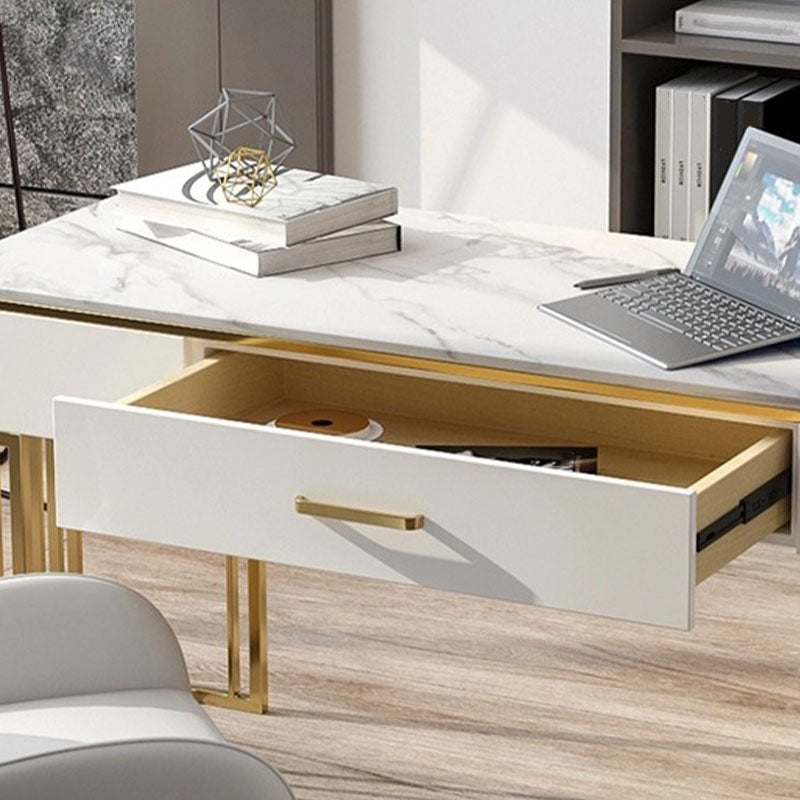 White and Gold Office Desk Glam Sled Writing Desk with Drawer