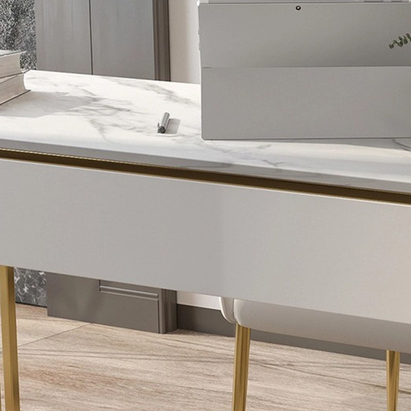 White and Gold Office Desk Glam Sled Writing Desk with Drawer