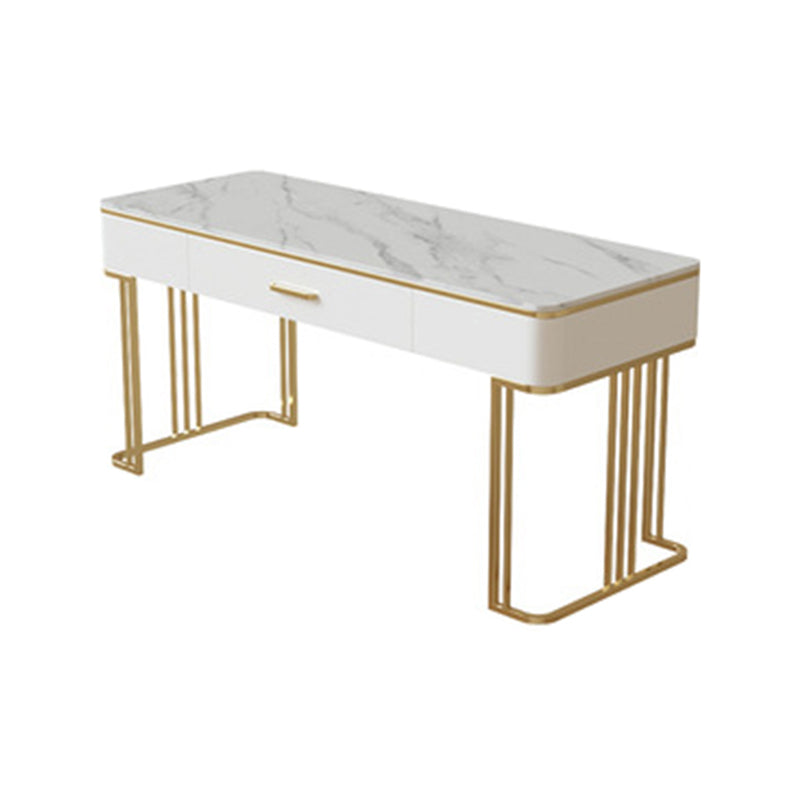 White and Gold Office Desk Glam Sled Writing Desk with Drawer