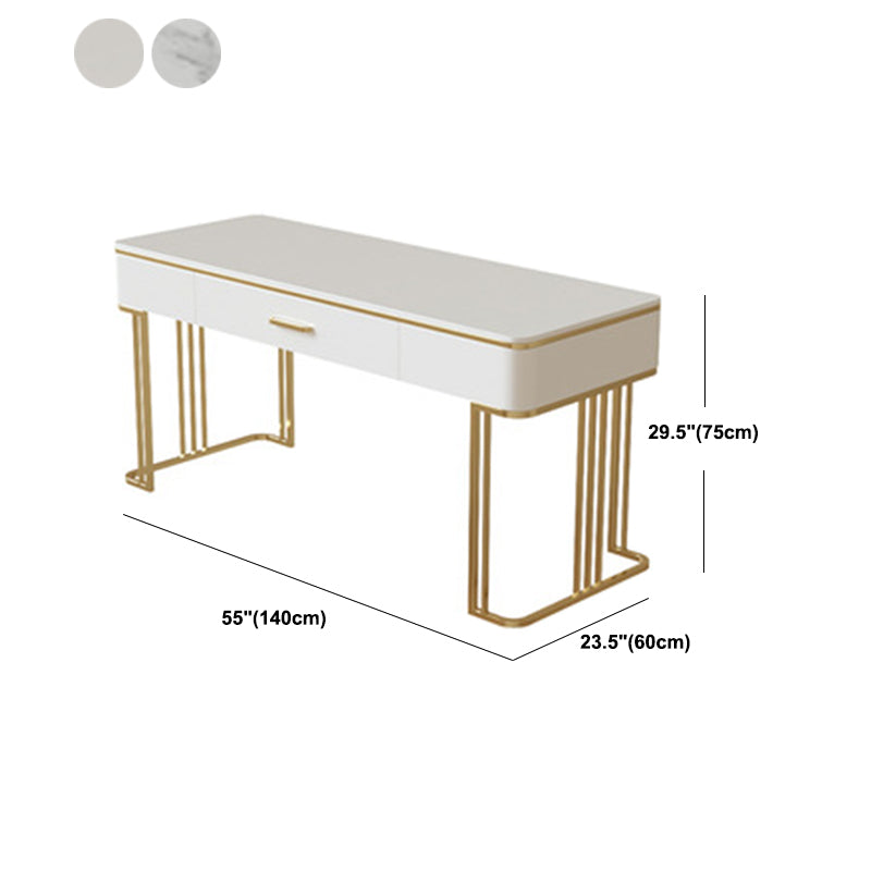 White and Gold Office Desk Glam Sled Writing Desk with Drawer