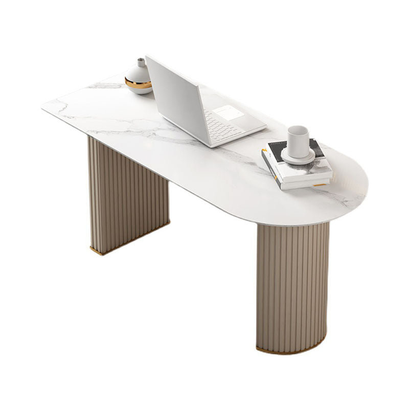 Glam Pedestal Office Desk Beige Metal and Stone Writing Desk for Office