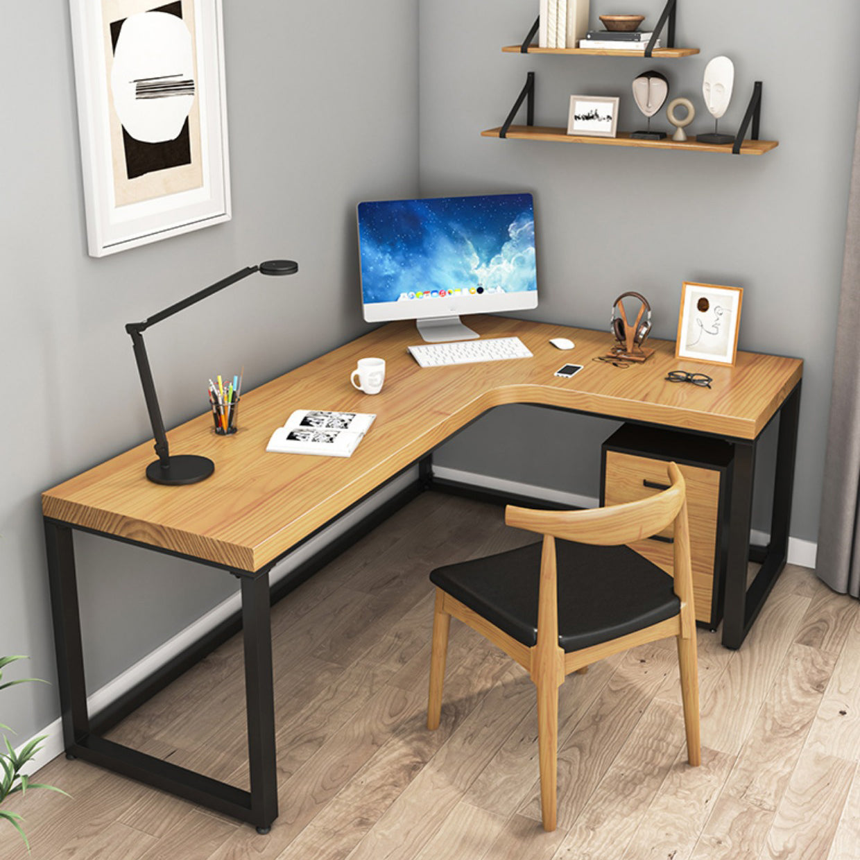 Industrial Solid Wood L-Shape Writing Desk Meeting Desk for Office