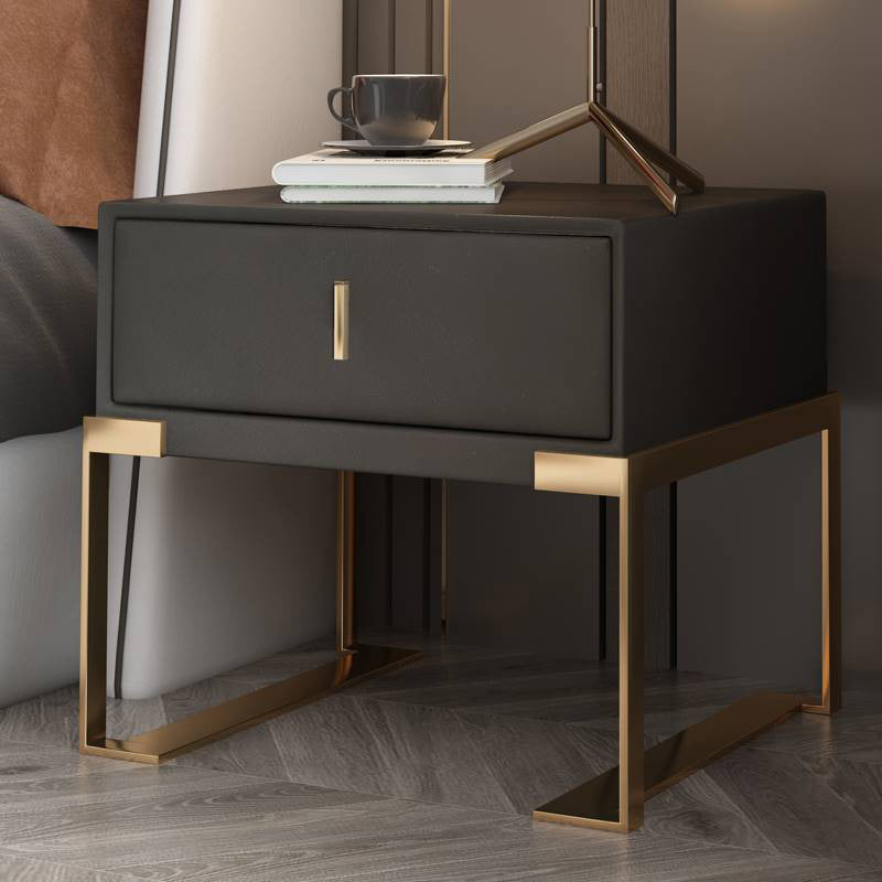 Leather 1 Drawer Nightstand Contemporary Night Table with Metal Legs