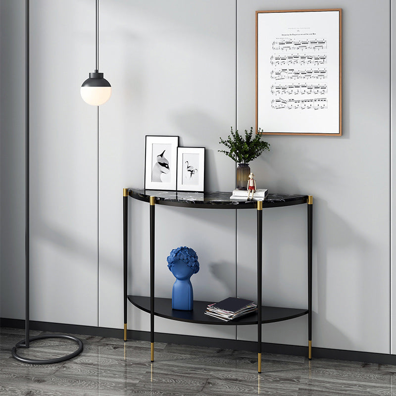 Contemporary Marble Console Sofa Table Half Moon End Table with Shelves for Hall