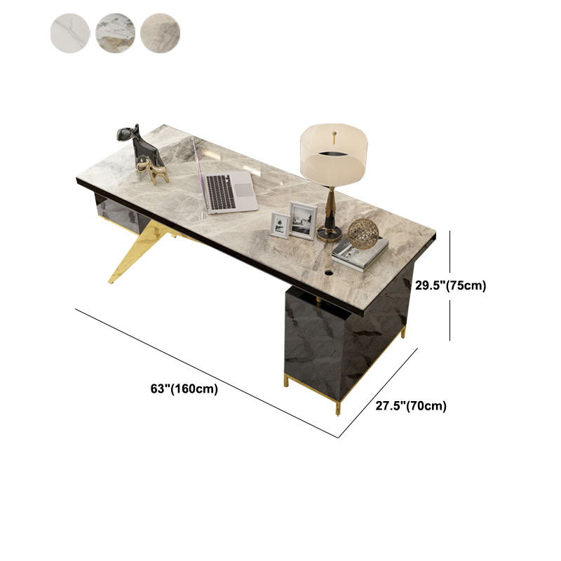 Glam Marble Office Desk Cabinet Storage Pedestal Desk in Gray and White