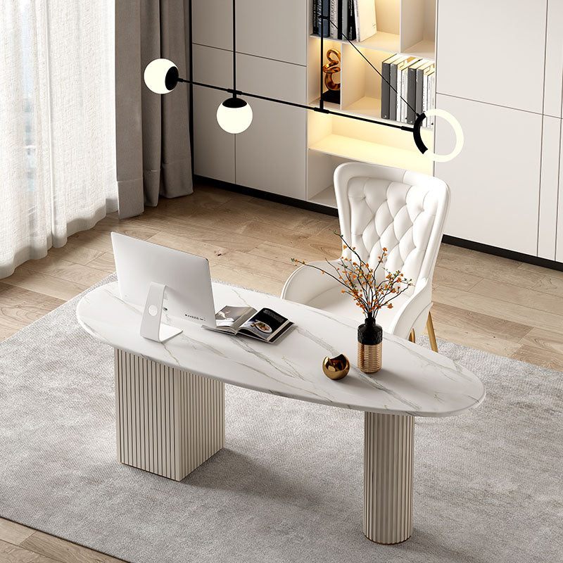 Irregular Shape Office Desk White Office Writing Desk with Metal Legs with 3-drawer