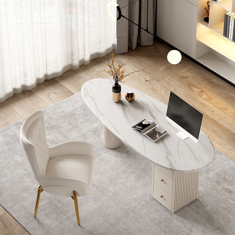 Irregular Shape Office Desk White Office Writing Desk with Metal Legs with 3-drawer