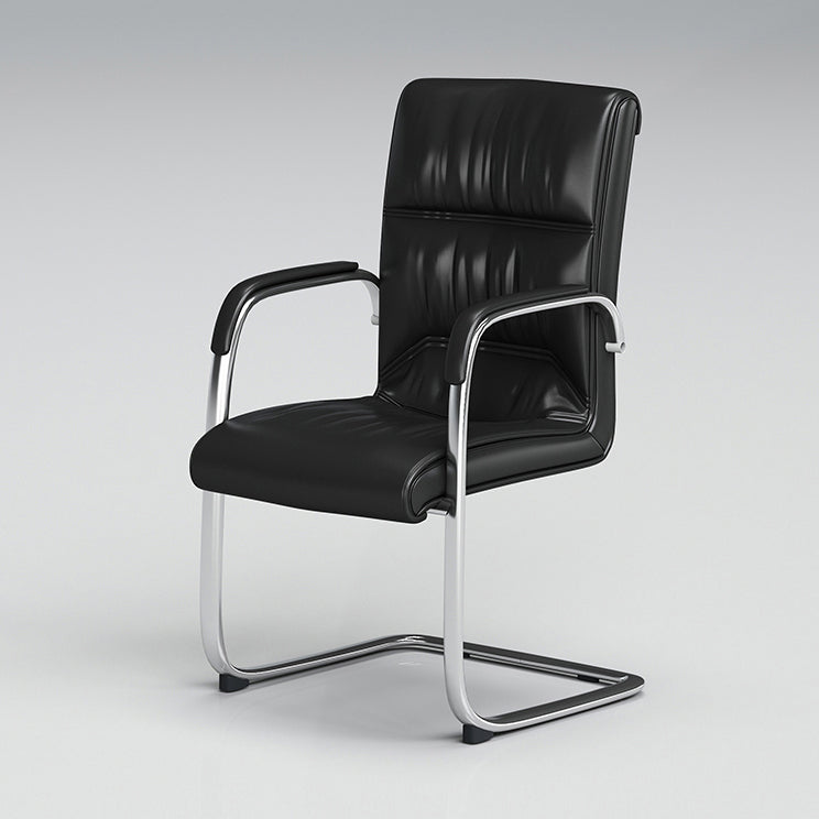 Modern No Wheels Desk Chair Faux Leather Black Mid-Back Chair