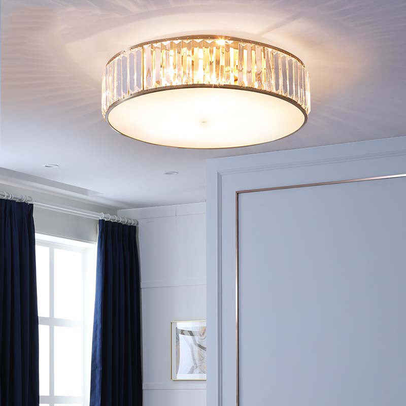 Drum Shade Flush Mount Gold Ceiling Light Fixture with Crystal for Bedroom