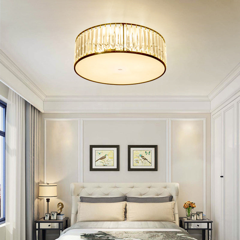 Drum Shade Flush Mount Gold Ceiling Light Fixture with Crystal for Bedroom