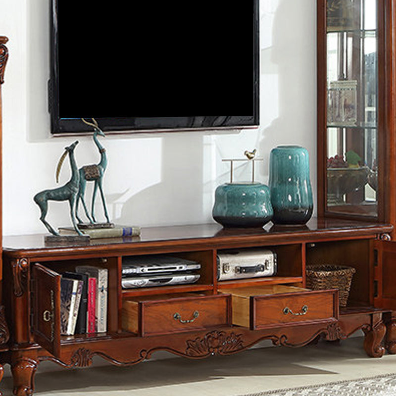 Brown Wooden TV Cabinet Traditional Style Home Living Room TV Stand Console with Drawers