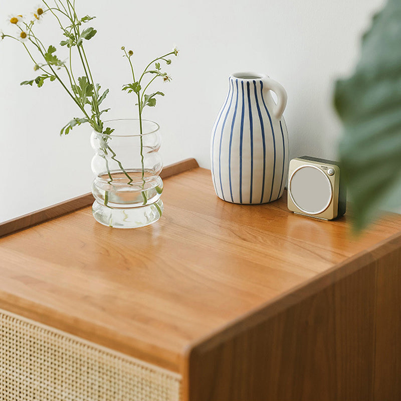 Modern Rattan Nightstand Lower Shelf Bedside Cabinet with Door for Bedroom