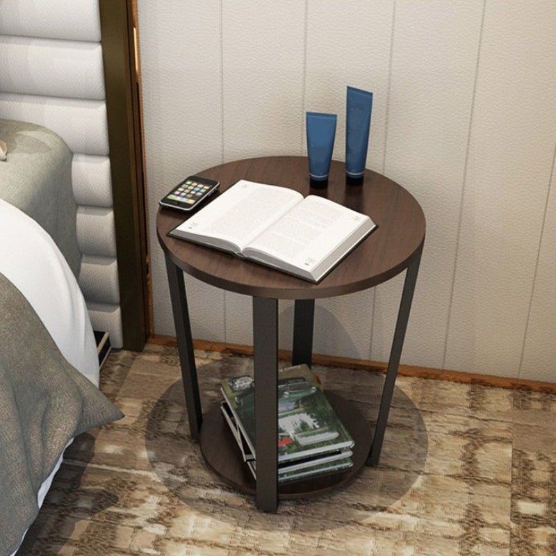 Round Wooden Nightstand 2 Shelves Bedside Night Table for Bedroom