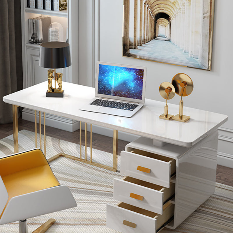 Pedestal Glam Writing Desk with File Cabinet Office Desk White and Black