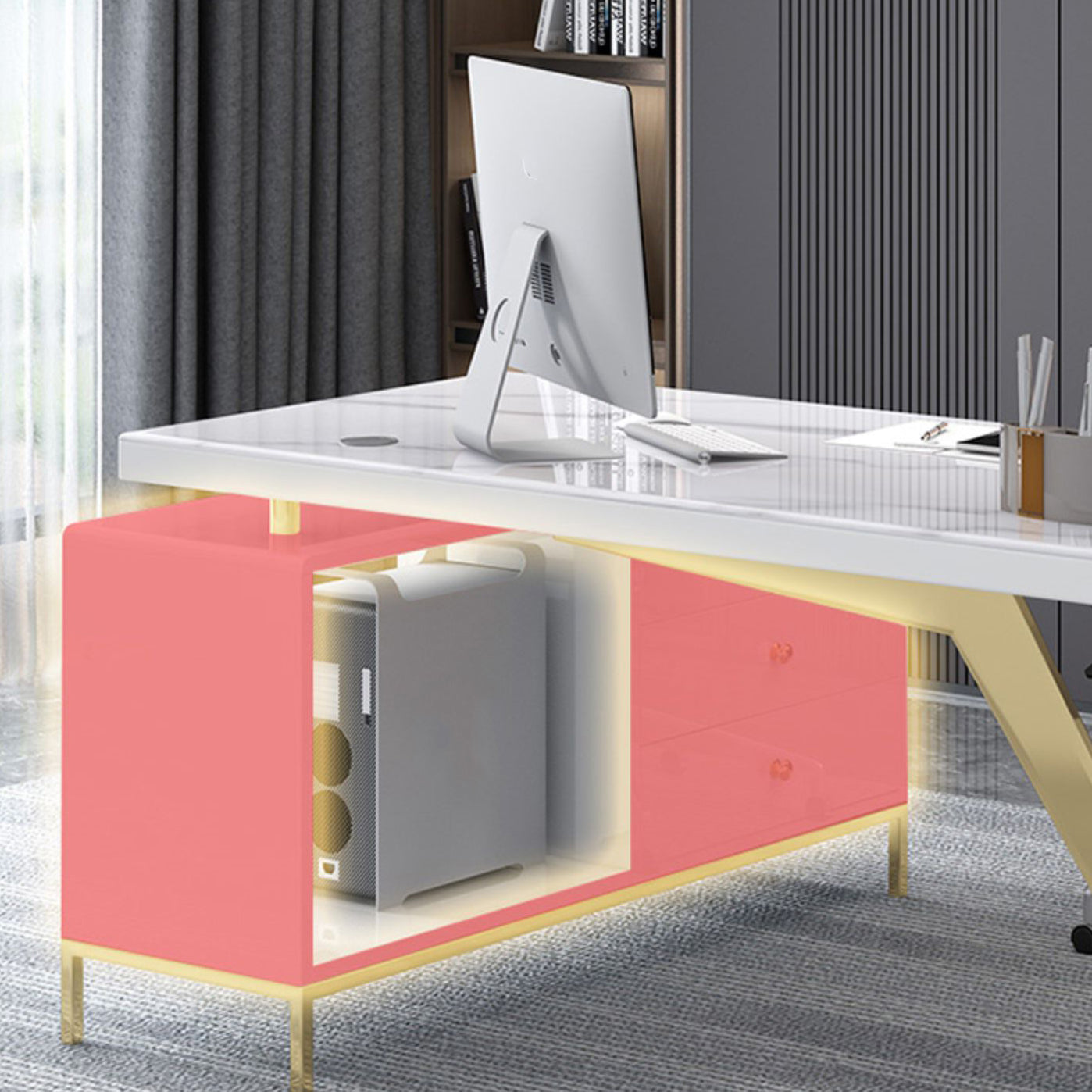 Pedestal Glam Executive Desk with File Cabinet Computer Desk L-Shape