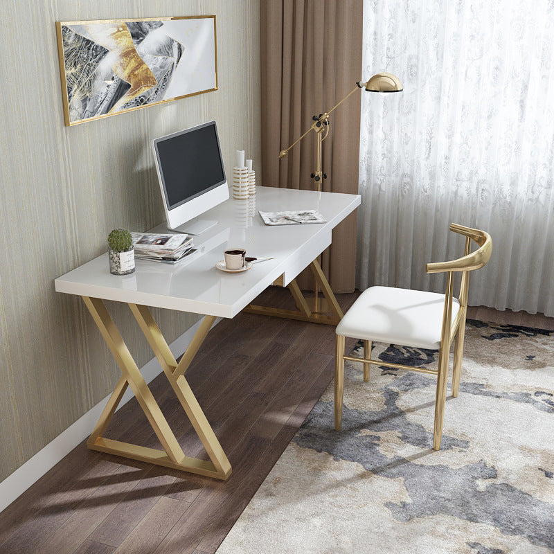 Solid Wood Writing Desk White and Gold Office Desk Pine Trestle