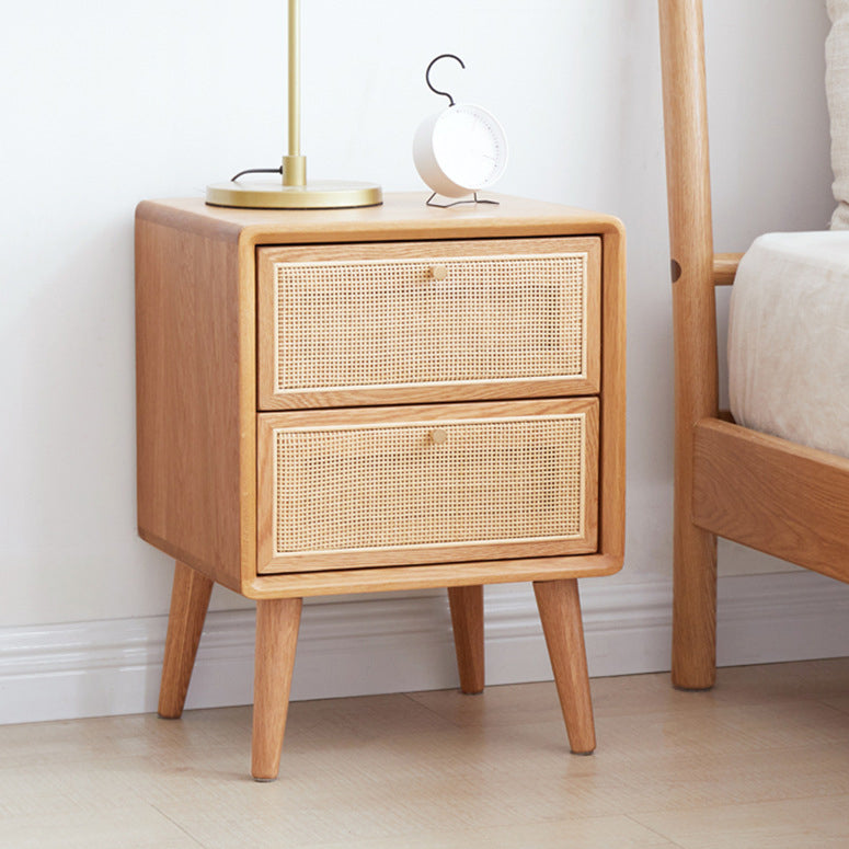 Modern Rattan and Pine Bedside Cabinet Drawer Storage Nightstand with Legs