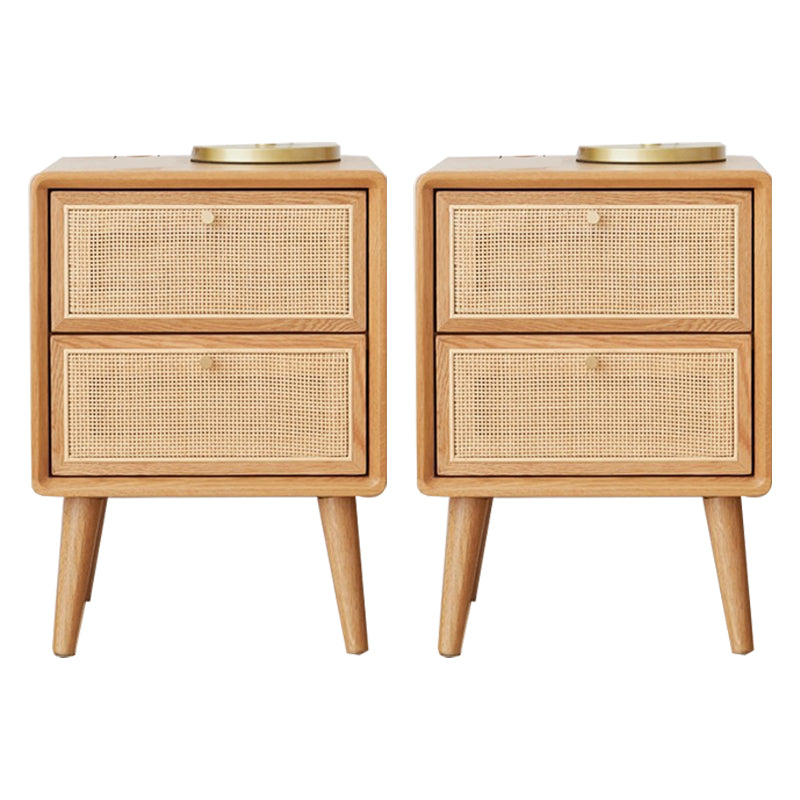 Modern Rattan and Pine Bedside Cabinet Drawer Storage Nightstand with Legs