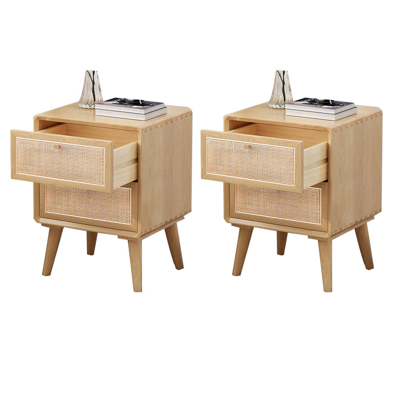 Modern Rattan and Pine Bedside Cabinet Drawer Storage Nightstand with Legs