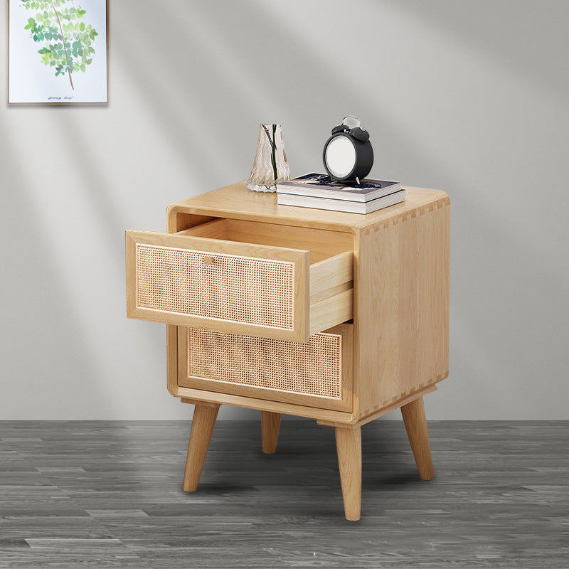 Modern Rattan and Pine Bedside Cabinet Drawer Storage Nightstand with Legs