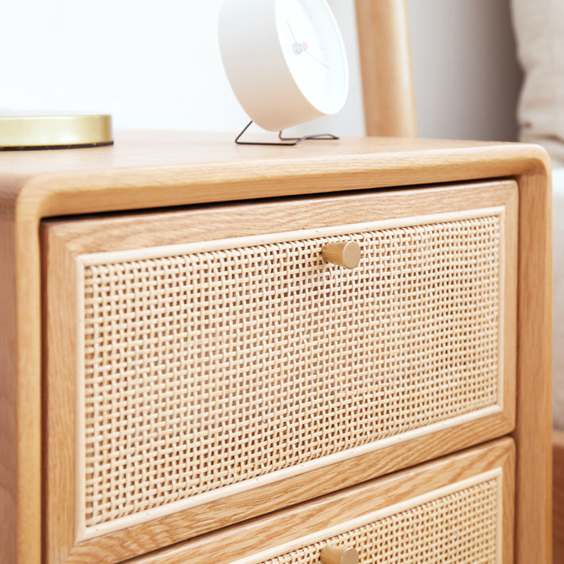 Modern Rattan and Pine Bedside Cabinet Drawer Storage Nightstand with Legs