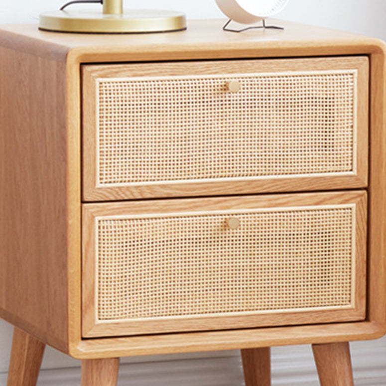 Modern Rattan and Pine Bedside Cabinet Drawer Storage Nightstand with Legs