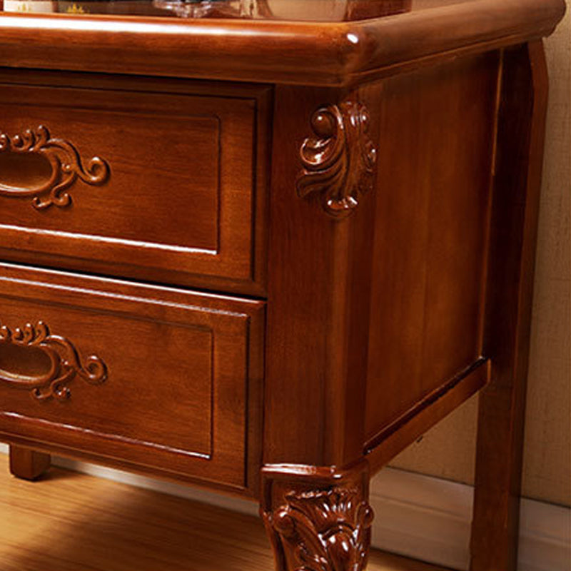 Traditional Solid Wooden Nightstand Lower Shelf Bedside Cabinet with Drawers for Bedroom