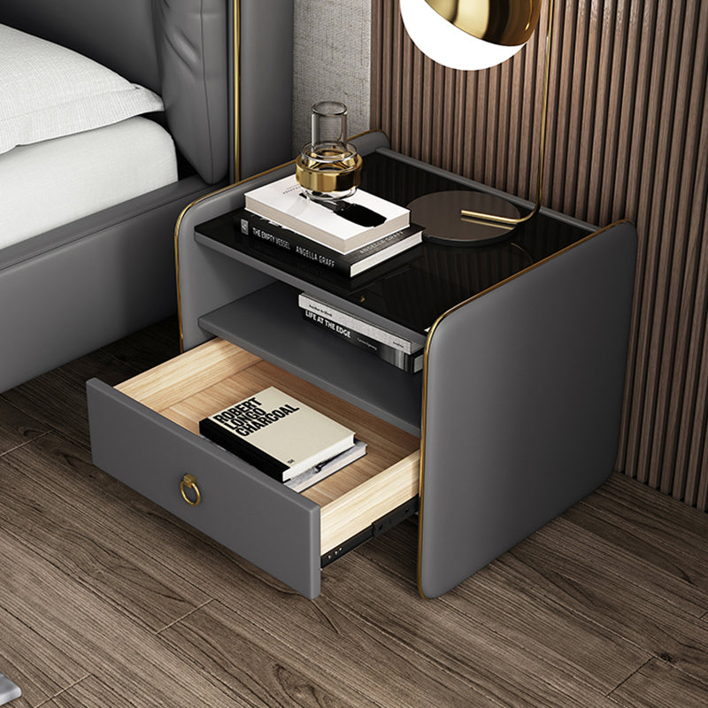 Modern Glass Top Nightstand Wooden Bedside Cabinet with Drawers for Bedroom