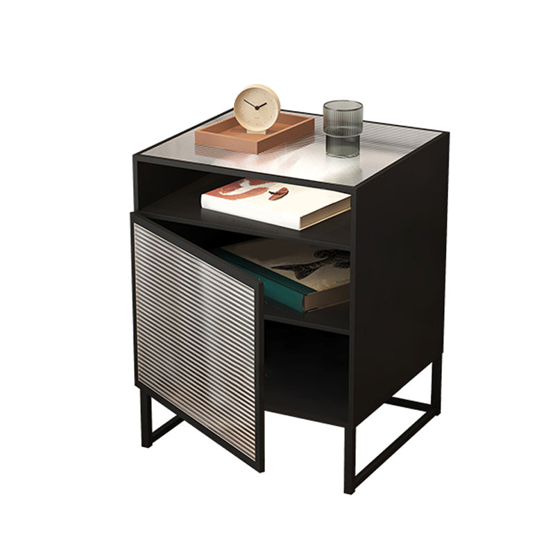 Industrial Bed Nightstand Glass and Manufactured Wood Night Table with Doors