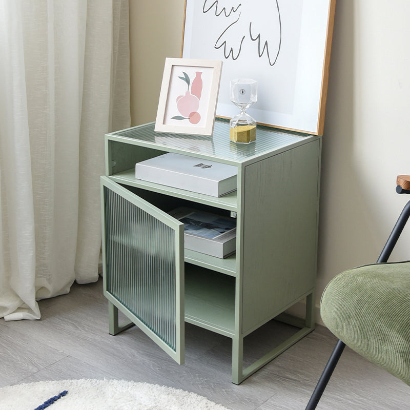 Industrial Bed Nightstand Glass and Manufactured Wood Night Table with Doors