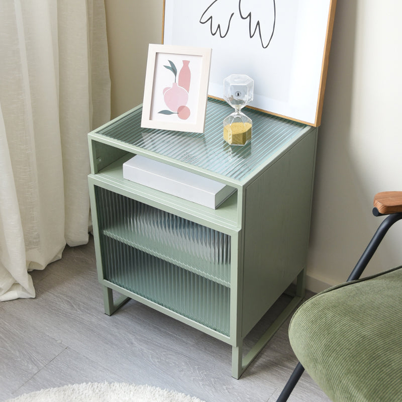 Industrial Bed Nightstand Glass and Manufactured Wood Night Table with Doors