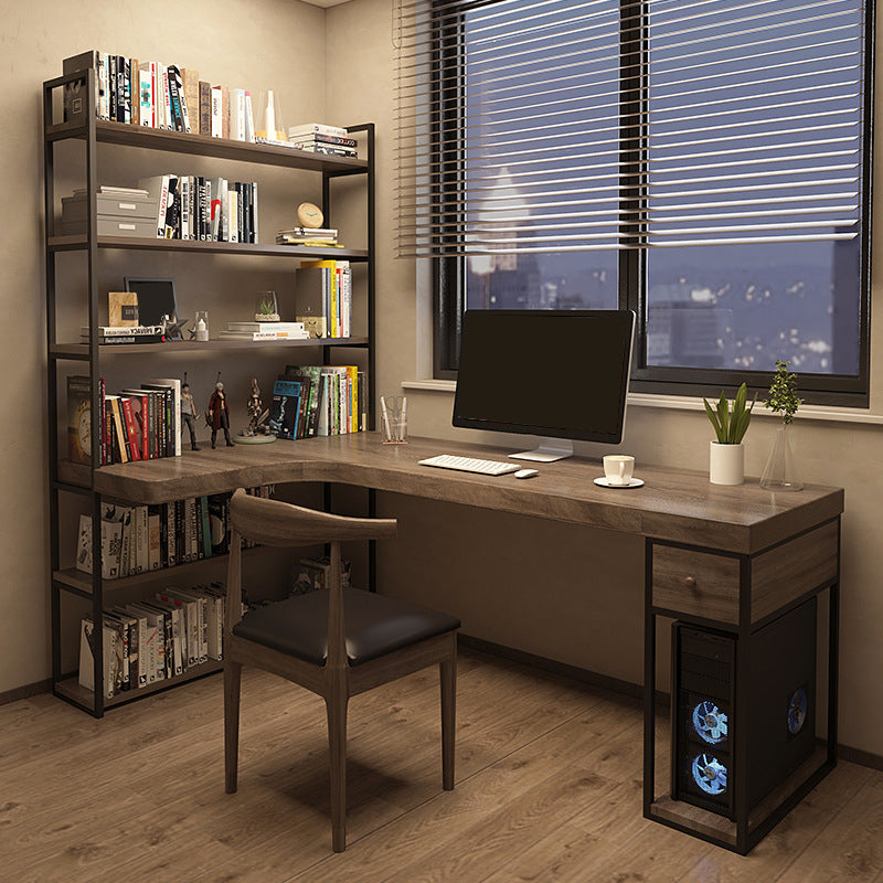 Industrial L-Shape Computer Desk Office Pedestal Writing Desk with Bookshelf