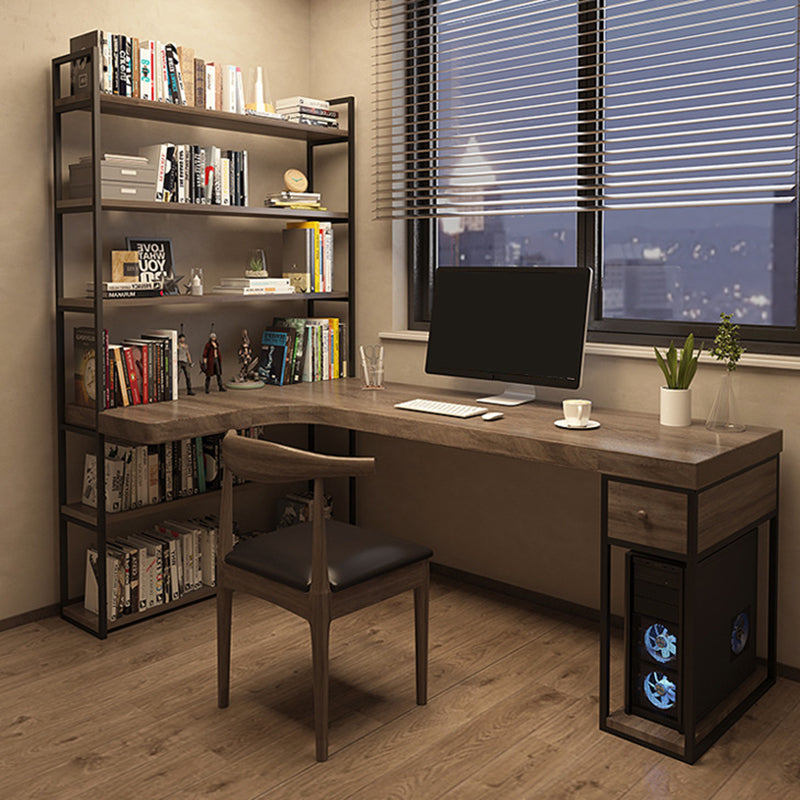 Industrial L-Shape Computer Desk Office Pedestal Writing Desk with Bookshelf