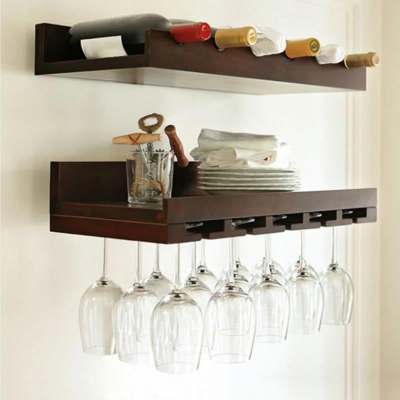 Wall Mounted Wooden Wine Bottle & Glass Rack Mid-Century Modern Wine Holder