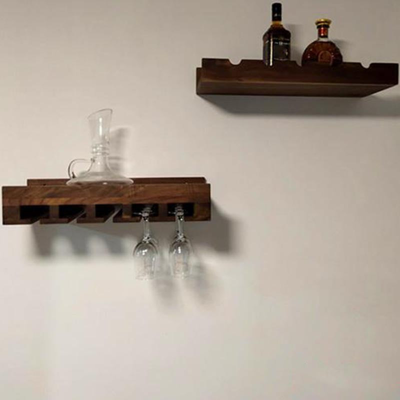 Wall Mounted Wooden Wine Bottle & Glass Rack Mid-Century Modern Wine Holder