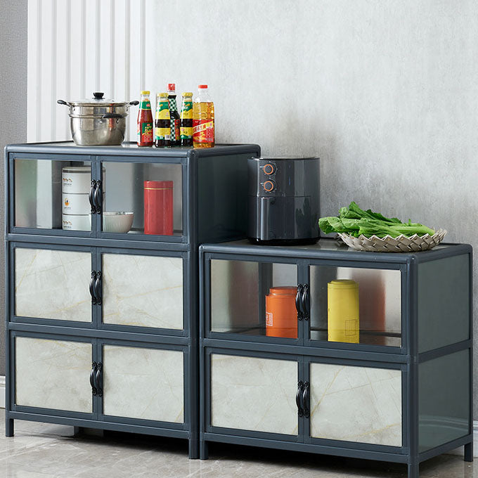 Blue Metal Sideboard with Glass Doors Modern Dining Server with Cabinets