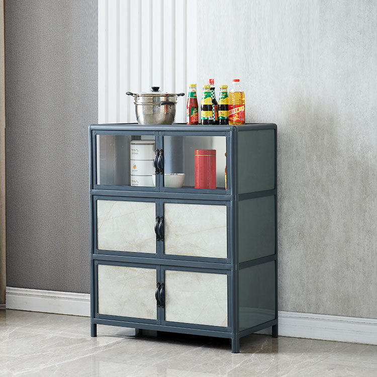 Blue Metal Sideboard with Glass Doors Modern Dining Server with Cabinets