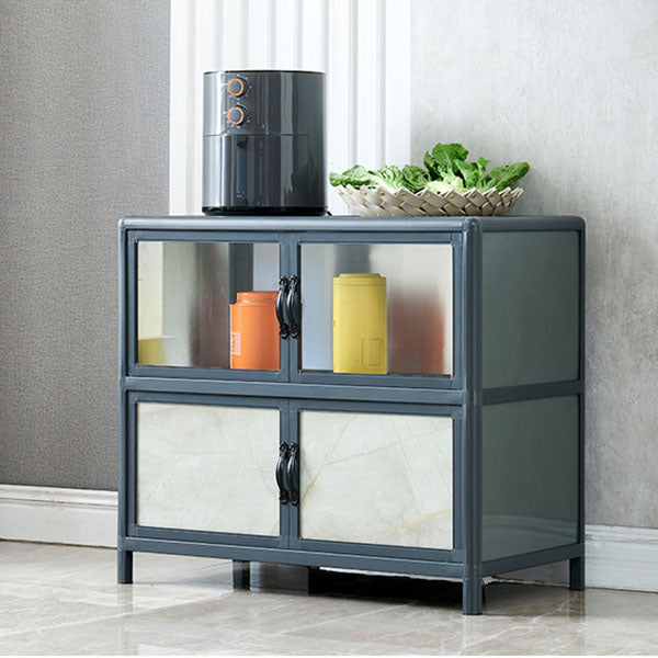 Blue Metal Sideboard with Glass Doors Modern Dining Server with Cabinets