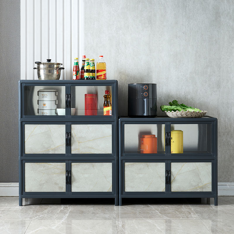 Blue Metal Sideboard with Glass Doors Modern Dining Server with Cabinets