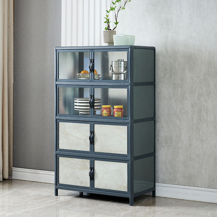 Blue Metal Sideboard with Glass Doors Modern Dining Server with Cabinets