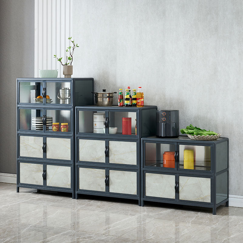 Blue Metal Sideboard with Glass Doors Modern Dining Server with Cabinets