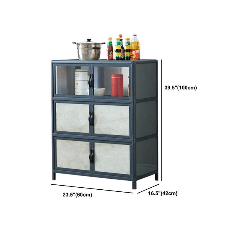 Blue Metal Sideboard with Glass Doors Modern Dining Server with Cabinets