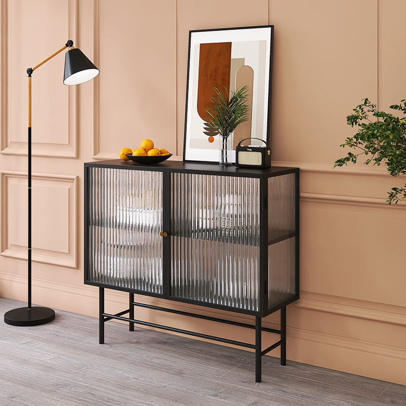 Modern Metallic Dining Server for Home Indoor Sideboard with Glass Doors