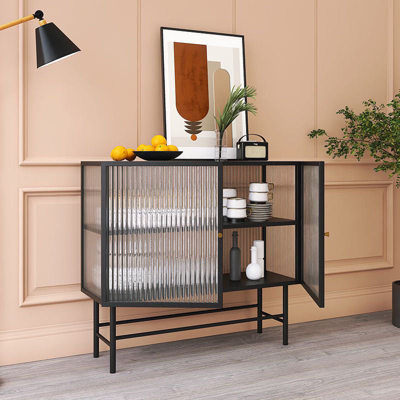 Modern Metallic Dining Server for Home Indoor Sideboard with Glass Doors