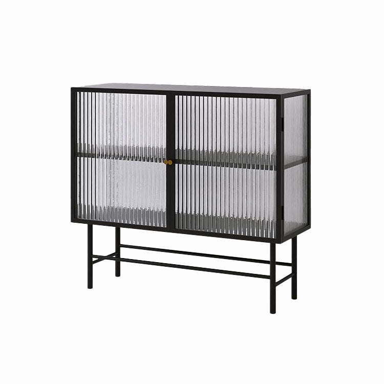 Modern Metallic Dining Server for Home Indoor Sideboard with Glass Doors