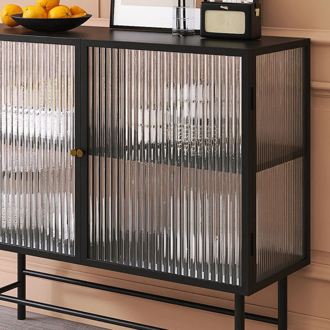 Modern Metallic Dining Server for Home Indoor Sideboard with Glass Doors