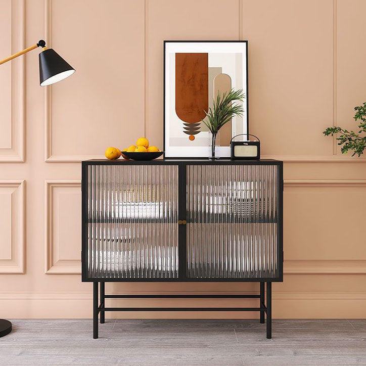 Modern Metallic Dining Server for Home Indoor Sideboard with Glass Doors