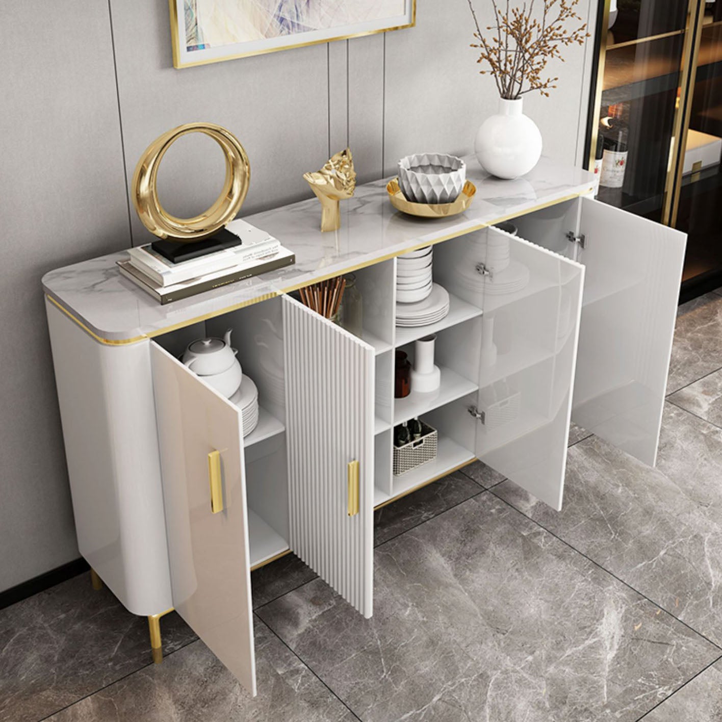 Stone and Engineered Wood Buffet Sideboard Glam Buffet Stand