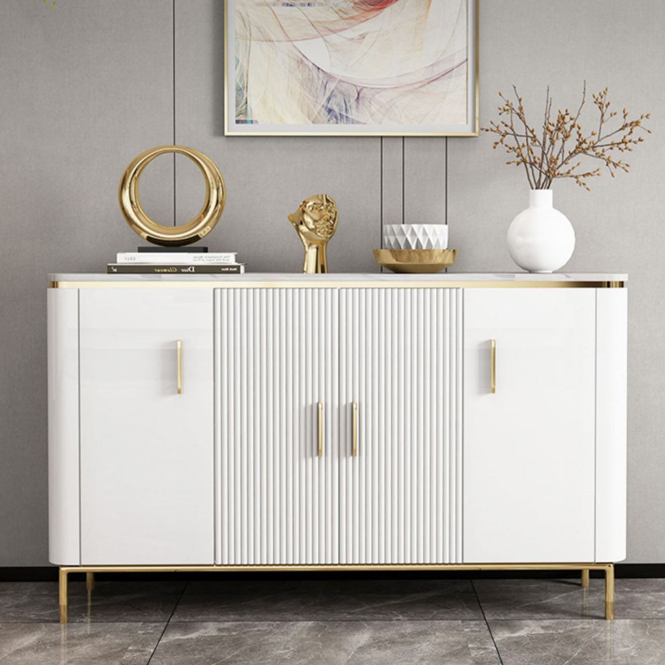 Stone and Engineered Wood Buffet Sideboard Glam Buffet Stand